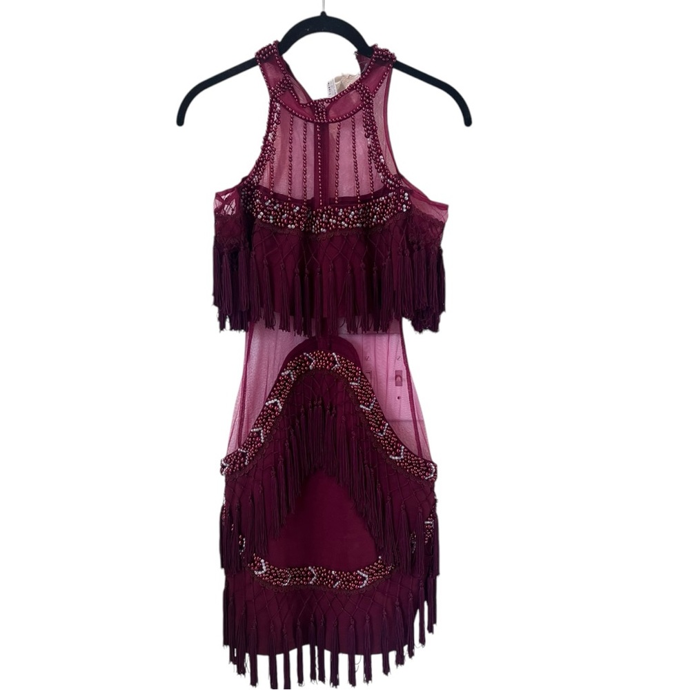 Banjul |  Red Beaded Mini Dress Halter Neck Fringe | Small NWT
